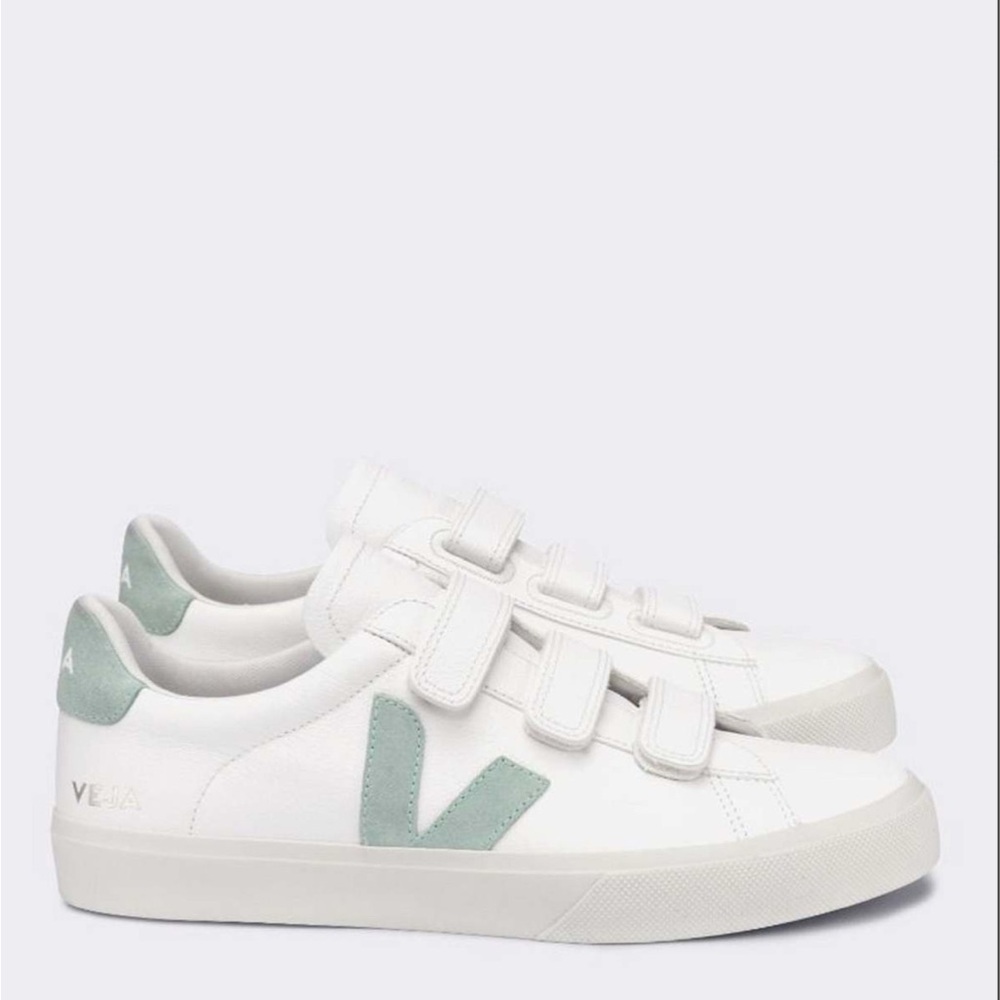 Veja White and Green Velcro Sneakers